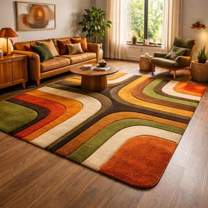 May include: A colourful, retro-style rug featuring a layered, curved design in shades of orange, brown, green, and cream. The rug is in a living room with a brown leather sofa, wooden furniture, and a large window.