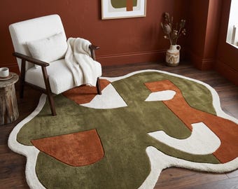Tappeto in lana trapuntato a mano / Tappeto geometrico in stile moderno di metà secolo, accogliente tappeto a pelo tagliato color crema, beige e rosso per soggiorno, tappeto per bambini 4x6 piedi