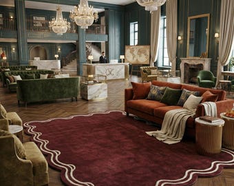 Hand-Tufted Wool Scalloped Rug – Modern Abstract Wine Red 10x14 ft