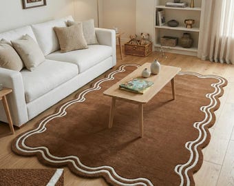 Hand-Tufted Wool Scalloped Rug – Modern Abstract Plum Cream Area Carpet