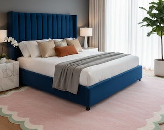 Wavy Scalloped Rug in Blush Pink & Mint, Aesthetic Pastel Room Decor, Plush Tufted Wool Carpet, Scallop Border Rug for Girls Room, 5x8 8x10