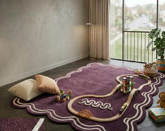 Hand-Tufted Wool Rug – Wavy Scallop Edge, Modern Abstract Purple Area Rug