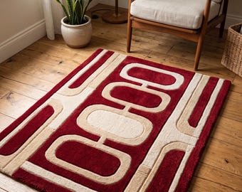 Hand-Tufted Wool Rug | Mid-Century Modern Geometric Area Rug, Cozy Cream Beige Red Carved Cut Pile Carpet for Living Room, Kids Room Nursery