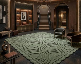 Hand-Tufted Scalloped Wool Rug – Sage Green 3D Carved Carpet, Modern Luxury Decor