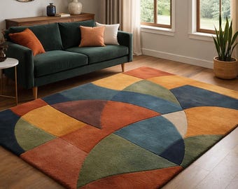 Tappeto geometrico arancione bruciato – Tappeto in peluche MCM retrò anni '70