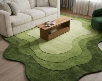 Tappeto in lana annodato a mano, verde muschio ondulato, stile moderno di metà secolo