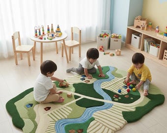 Handmade Kids Play Rug 8x10 | Wool Tufted Road Map Landscape Area Rug