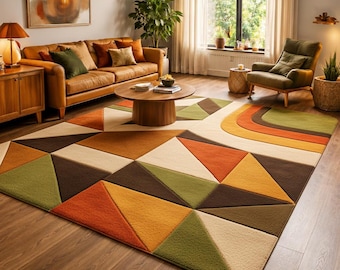 Tappeto geometrico ondulato retrò – arancione bruciato, verde oliva, stile MCM