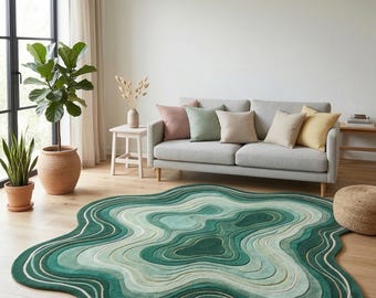 Tappeto verde in lana fatto a mano, irregolare, 5x8 piedi, morbido peluche, decorazione per la casa