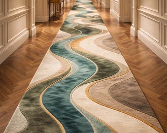 Hand-Tufted Wool Area Rug – Abstract Organic Wave Design, Blue, Sage, Gold