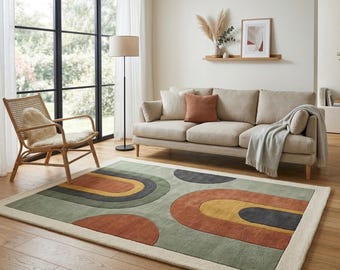 Tappeto geometrico astratto in lana trapuntato a mano – Tappeto color terracotta verde salvia stile metà secolo