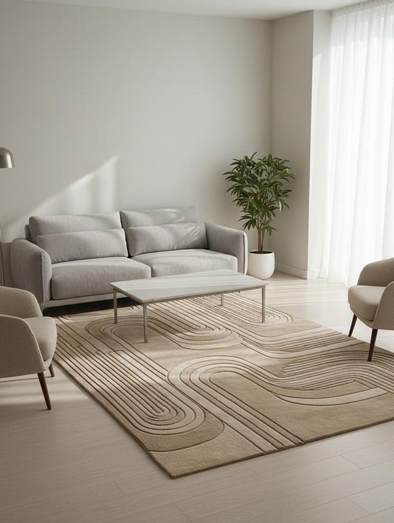 Hand-tufted Beige Area Rug – Mid Century Modern Abstract Sculptural ...