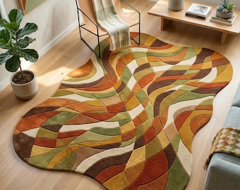 Tappeto astratto in lana trapuntato a mano – Tappeto per soggiorno in stile moderno di metà secolo, tonalità della terra