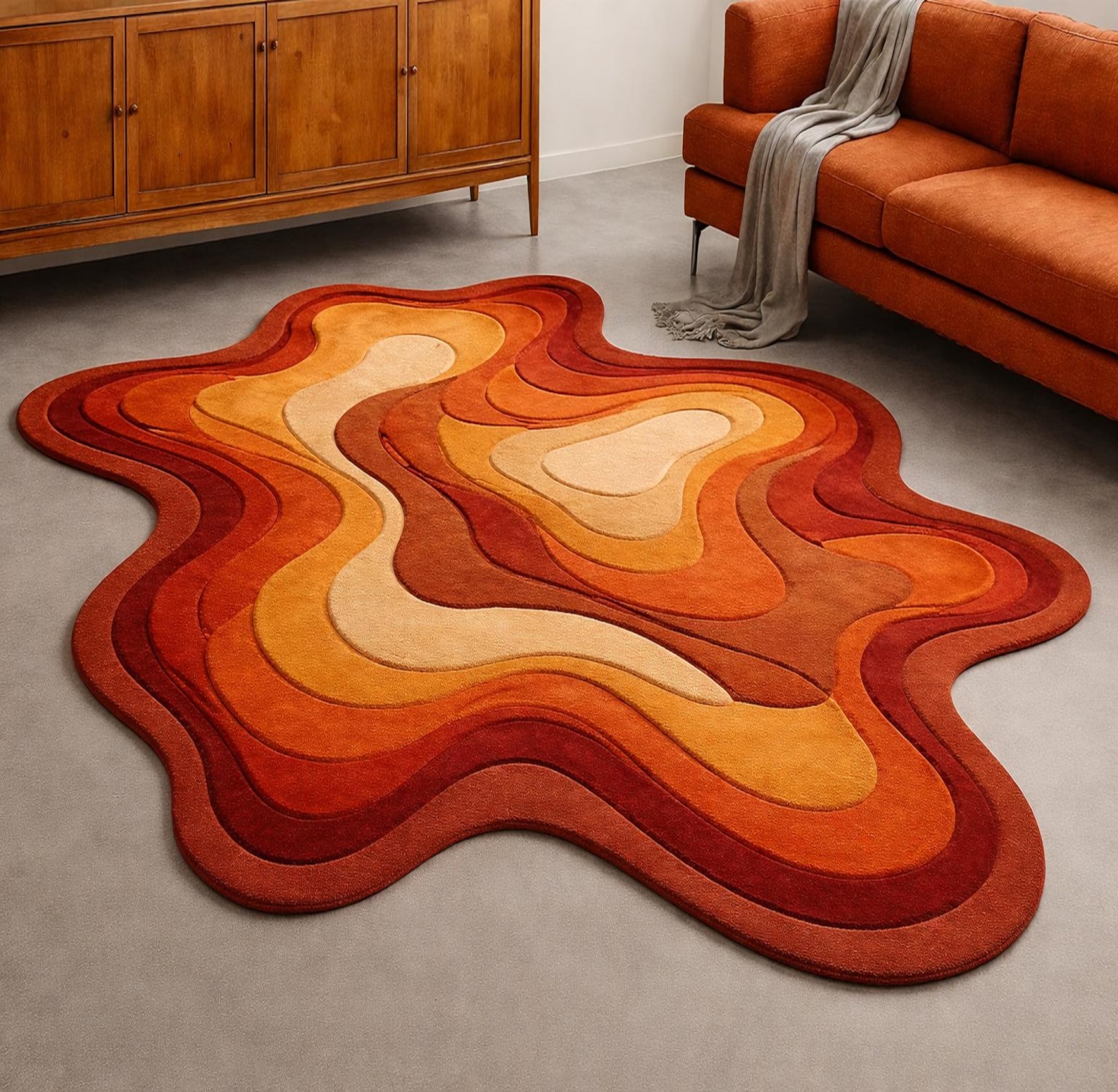 Hand-tufted Wool Wave Rug, 70s Retro Orange Abstract Carpet - Etsy