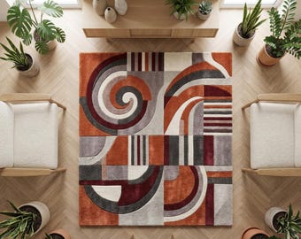 Hand-Tufted Geometric Wool Rug – Mid-Century Modern Abstract Carpet