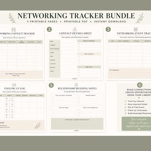 Op de afbeelding: Een netwerk-tracker bundel met vijf printbare pagina's in een beige en saliegroen kleurenschema. De pagina's bevatten een contact-tracker, een contactgegevensblad, een evenementen-tracker, een follow-up logboek en notities voor relatiebeheer.