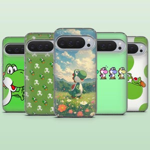 May include: A collection of phone cases featuring Yoshi from the Super Mario franchise. Designs include Yoshi's face, patterns with Yoshi and eggs, and Yoshi in a field of flowers. The cases are green, white, and blue.