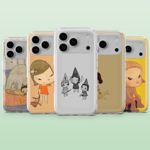 May include: A collection of five phone cases with unique illustrations. The cases feature various designs, including cartoon figures, a girl in an orange dress, and a group of characters in witch hats. The cases have a clear, protective design.