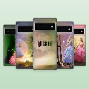 May include: A collection of phone cases featuring artwork from the musical "Wicked." The cases display images of characters and scenes, including the Wicked Witch of the West, Glinda, and Elphaba. The word "Wicked" is prominently displayed on one case.