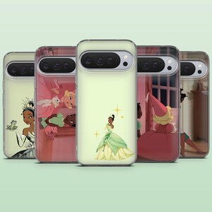 May include: A collection of phone cases featuring illustrations of a princess in a green dress, a princess with a frog, and other characters. The cases have a light green background and are made of a clear material.