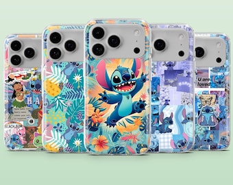 Capa Kawaii Disney com Colagem do Stitch para iPhone 17, 17 Pro, 16, 16 Pro, 15, 14, 13, 12, Samsung S25, S24Fe, A16, A56, Pixel 10, 10 Pro