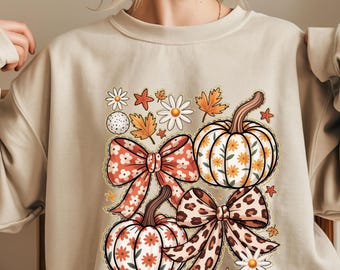 Floral Pumpkin Sweatshirt, Coquette Bow Pumpkin Hoodie, Fall Season Shirt, Pumpkin Season Sweater, Autumn Shirt