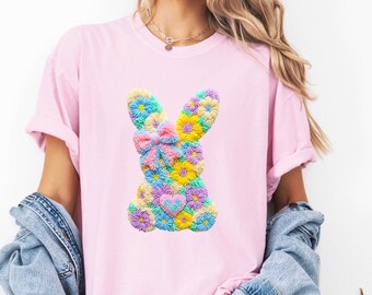 Camiseta de conejito floral de hilo sintético Comfort Colors®, camiseta de conejo con lazo coqueto, camiseta de conejito con flores de primavera, camiseta de Pascua, camiseta de conejo de Pascua
