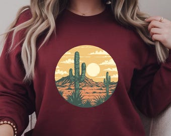 Cactus And Sunset Sweatshirt, Vintage Hoodie, Cactus Shirt, Cowgirl Gift, Plant Lover Gift, Botanical Sweater
