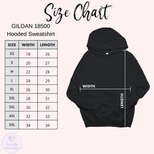 May include: A black hooded sweatshirt with a size chart. The chart lists sizes XS to 5XL, with corresponding width and length measurements in inches. The text "Size Chart" is at the top, and "GILDAN 18500 Hooded Sweatshirt" is below.