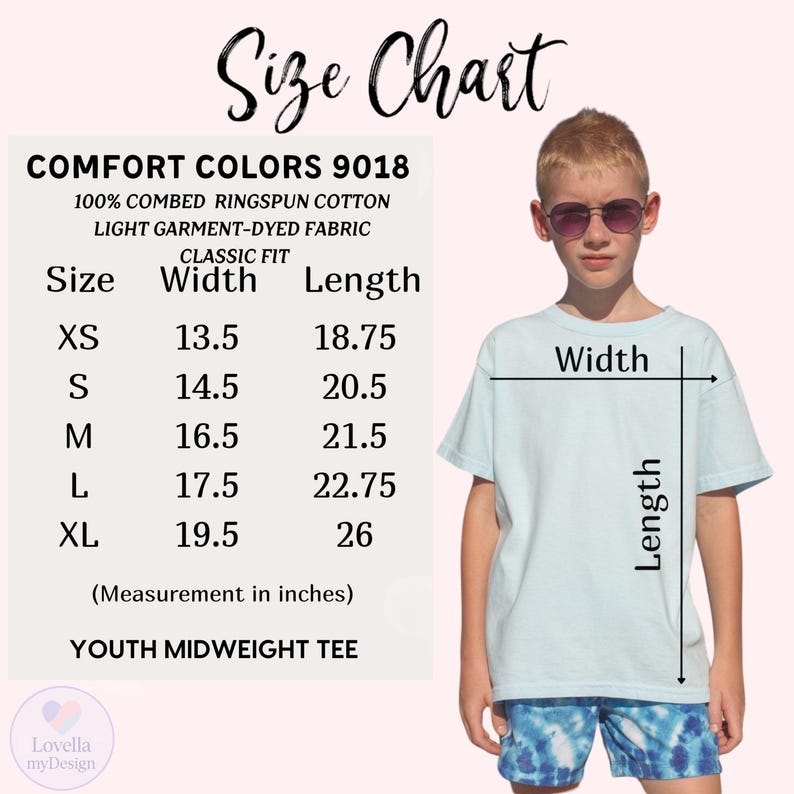 May include: A light blue youth midweight tee shirt with a size chart. The chart shows measurements in inches for sizes XS to XL. The shirt is made of 100% combed ringspun cotton and light garment-dyed fabric.