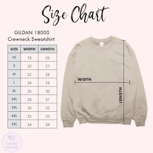 May include: A tan Gildan 18000 crewneck sweatshirt with a size chart. The chart lists sizes XS to 5XL, with corresponding width and length measurements in inches. The text "Size Chart" is at the top.