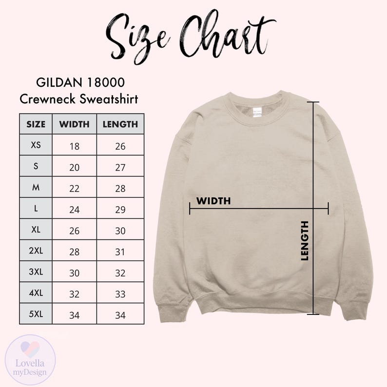 May include: A tan Gildan 18000 crewneck sweatshirt with a size chart. The chart lists sizes XS to 5XL, with corresponding width and length measurements in inches. The text "Size Chart" is at the top.