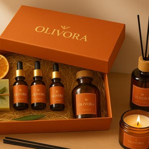 May include: An open orange gift box with the word "OLIVORA" in gold lettering, containing small brown bottles, a bar of soap, and a dried orange slice. A reed diffuser, a candle, and a bottle are next to the box.