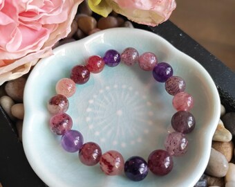 Special Amethyst Bracelet — 10mm Natural Crystal with Colorful Mineral Inclusions | Unique Purple Gemstone Jewelry