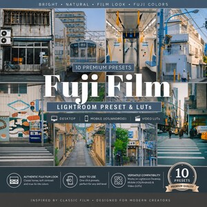 以下が含まれることがあります： Fuji Filmと題された10種類のプレミアムLightroomプリセットおよびLUTのデジタル製品広告。画像には都市や交通機関のシーンのコラージュ、デスクトップおよびモバイル互換性のテキストラベル、10種類のプレミアム品質を示すバッジが含まれています。