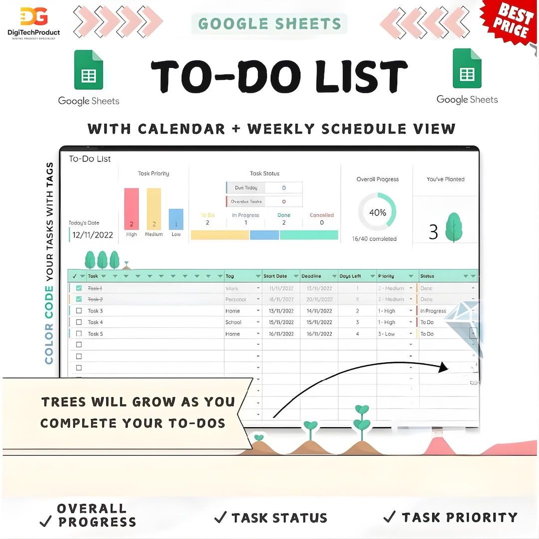 To Do List Google Sheets Template With Calendar & Weekly Planner ...