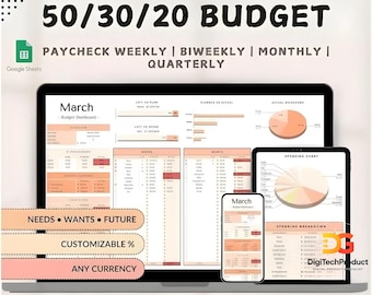 50/30/20 Budget Planner | Google Sheets Finance Tracker (PDF Download)