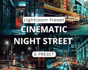 Ajustes preestablecidos de Lightroom para calle nocturna cinematográfica / Paquete de 6 ajustes preestablecidos / Aspecto cinematográfico de ciudad nocturna / Móvil y escritorio