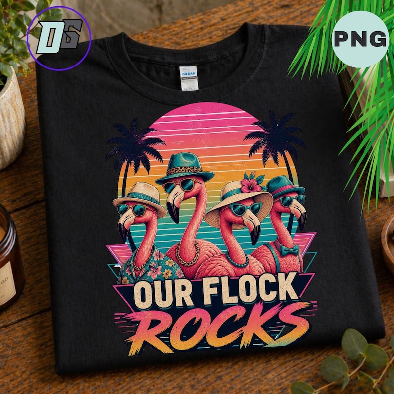 Our Flck Rocks Retro Flamingo PNG Sublimation Design, Our Flock Rocks 80s Synthwave ...