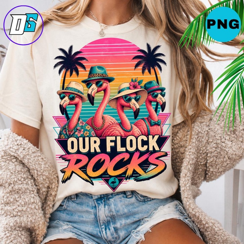 Our Flck Rocks Retro Flamingo PNG Sublimation Design, Our Flock Rocks 80s Synthwave ...