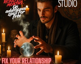 May include: An image of a man with a beard, gazing at a crystal ball. The scene is illuminated by candlelight. Text reads "RESULTS IN 6 MONTHS. On additional spell for free" and "FIX YOUR RELATIONSHIP IN 6 MONTHS SPELL". The studio name "Spellbound STUDIO" is also visible.