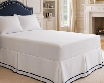 Bonita ropa de cama de lino con borde doble bordado a medida, falda de cama 100% algodón, decoración de dormitorio de lujo