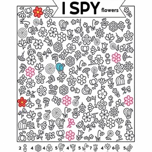 May include: A Hidden Pictures I SPY flowers activity sheet featuring a grid of various black and white line-art flower illustrations, with some flowers highlighted in red, pink, and blue, and a counting key at the bottom with numbers and icons.