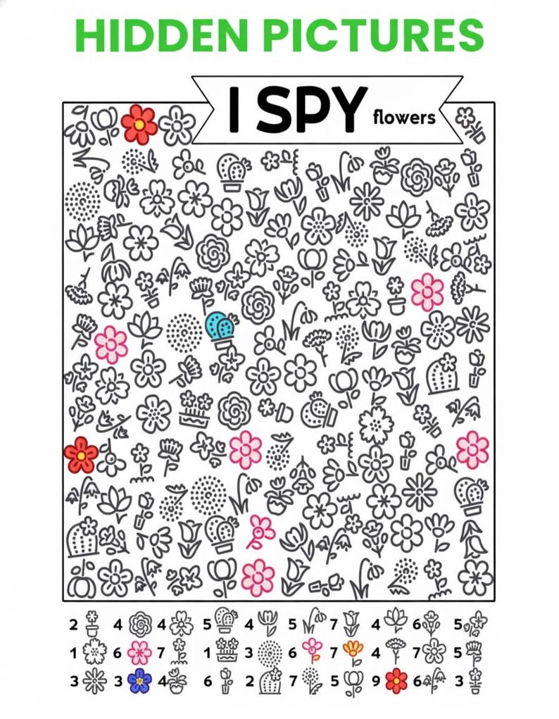 May include: A Hidden Pictures I SPY flowers activity sheet featuring a grid of various black and white line-art flower illustrations, with some flowers highlighted in red, pink, and blue, and a counting key at the bottom with numbers and icons.