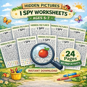 24 Hidden Pictures I Spy Printable | Kids  Puzzle  Worksheets for Kids | Find & Count Activity