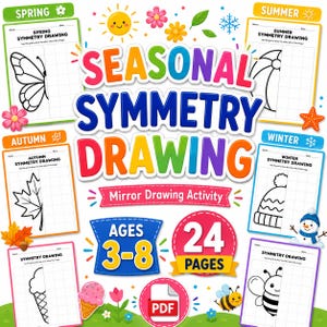 以下が含まれることがあります： 3歳から8歳向けの24ページ構成のデジタル学習教材「Seasonal Symmetry Drawing」。春、夏、秋、冬のテーマに合わせた、グリッド線を利用した鏡像描画タスクを行う4枚のワークシートが含まれています。