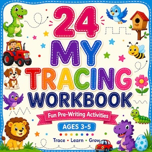 Peut inclure: Un cahier d'activités pour enfants intitulé 24 MY TRACING WORKBOOK Fun Pre-Writing Activities AGES 3-5 Trace Learn Grow. La couverture présente des illustrations de dessin animé d'un dinosaure vert, tracteur rouge, chiot, oiseau, abeille, lion.