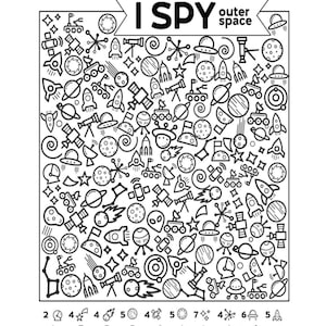 May include: A black and white Hidden Pictures I Spy outer space activity sheet featuring a grid filled with line art illustrations of planets, rockets, satellites, telescopes, and aliens, with a legend at the bottom listing items to find.