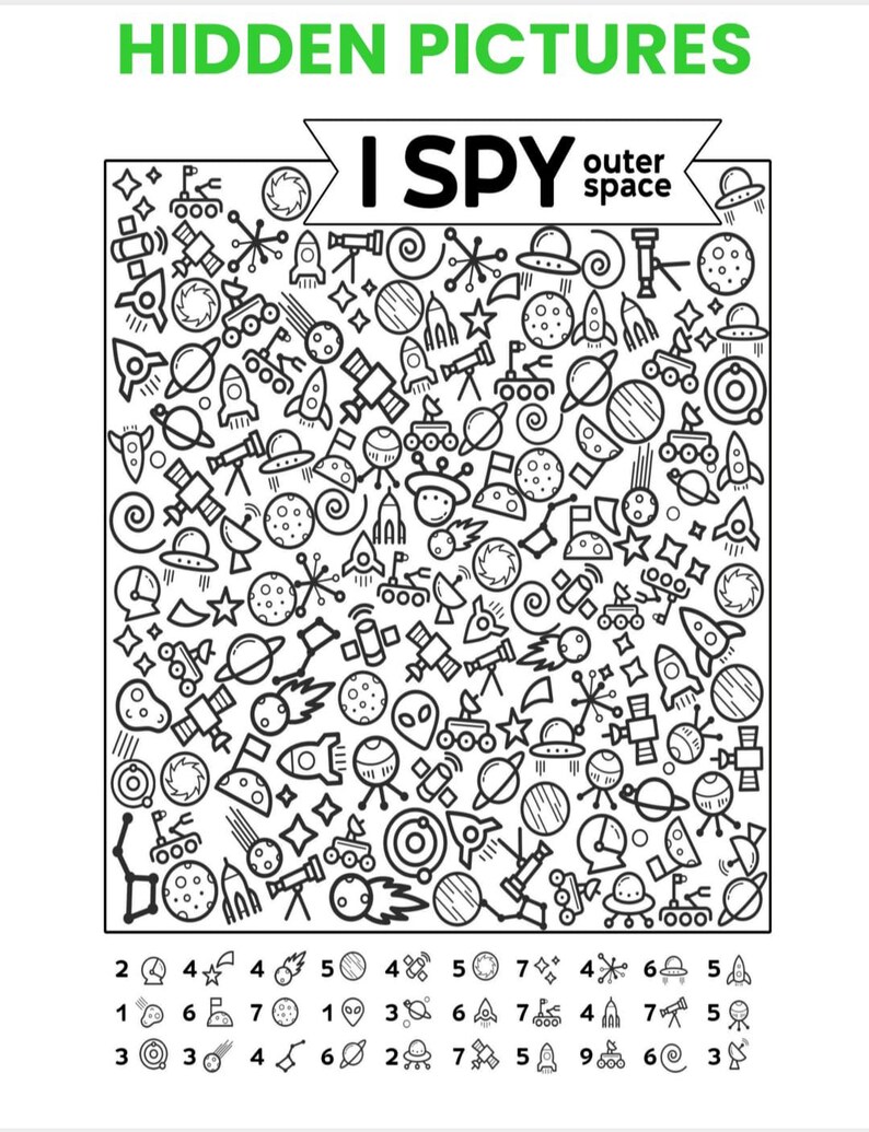 May include: A black and white Hidden Pictures I Spy outer space activity sheet featuring a grid filled with line art illustrations of planets, rockets, satellites, telescopes, and aliens, with a legend at the bottom listing items to find.