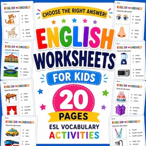 May include: A collection of English worksheets for kids featuring 20 pages of vocabulary activities. The central title reads English Worksheets For Kids 20 Pages ESL Vocabulary Activities. Surrounding the text are multiple sample worksheets.